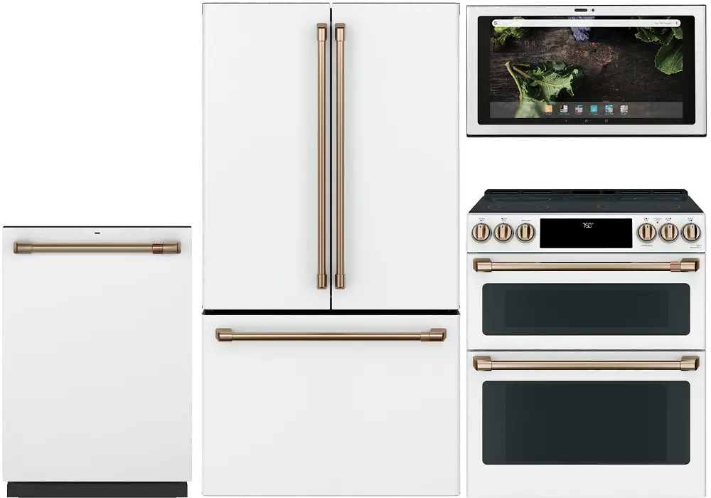 .GEC-4PC-MWT-BTM-ELE Cafe 4 Piece Electric Kitchen Appliance Package with French Door Refrigerator - White-1