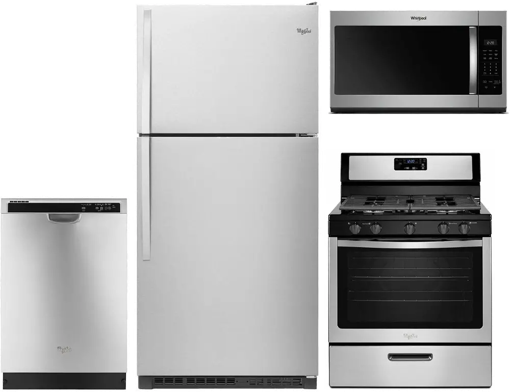 KIT Whirlpool 4 Piece Gas Kitchen Appliance Package with Top Freezer Refrigerator - Stainless Steel-1