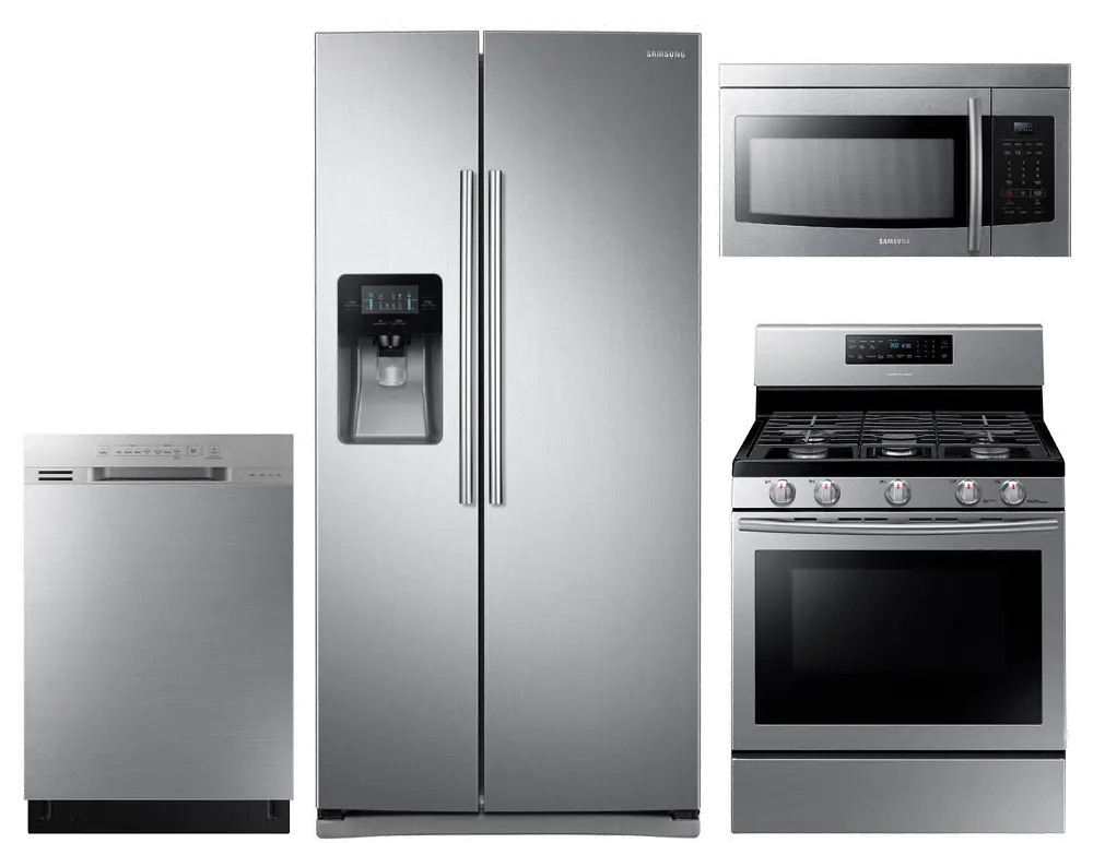 KIT Samsung 4 Piece Gas Kitchen Appliance Package with 24.5 cu. ft. Side by Side Refrigerator-1