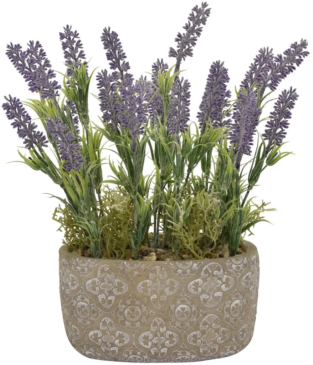 12 Inch Faux Lavender Arrangement in Cement Oval Pot-1