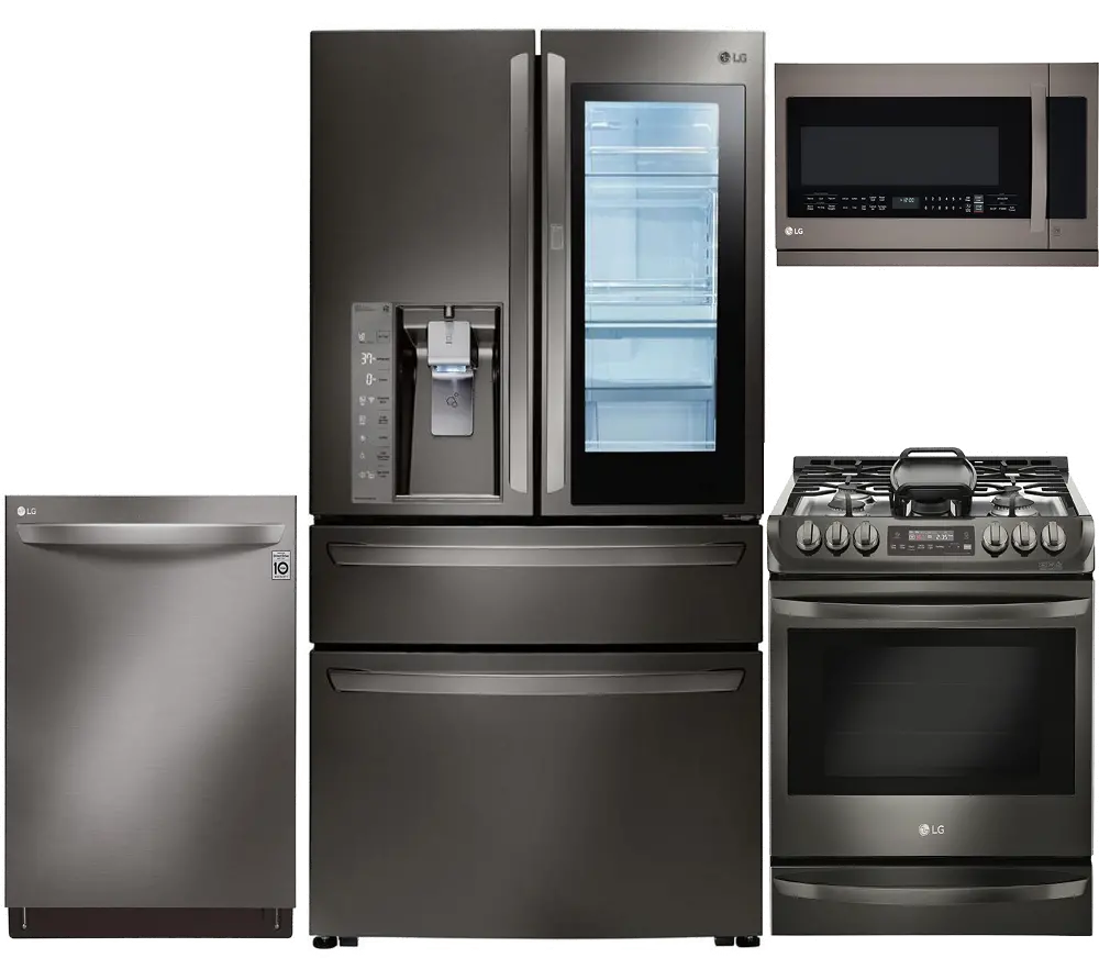 KIT LG 4 Piece Gas Kitchen Appliance Package with 22.5 cu. ft. French Door Refrigerator - Black Stainless Steel-1