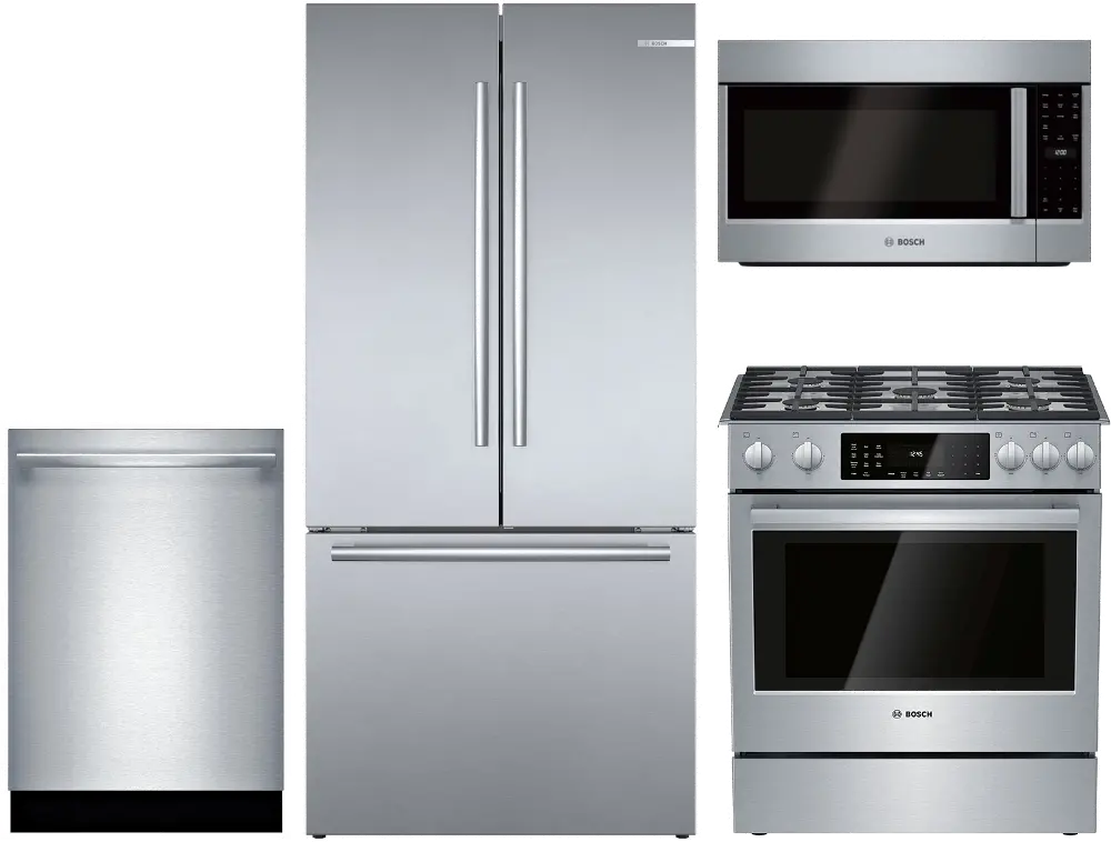 .BOSC-S/S-4PC-DLFUEL Bosch 4 Piece Dual Fuel Kitchen Appliance Package with Counter Depth Refrigerator - Stainless Steel-1