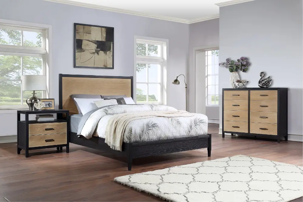 Modern Oak and Black 3 Piece Queen Bedroom Set - Carter-1