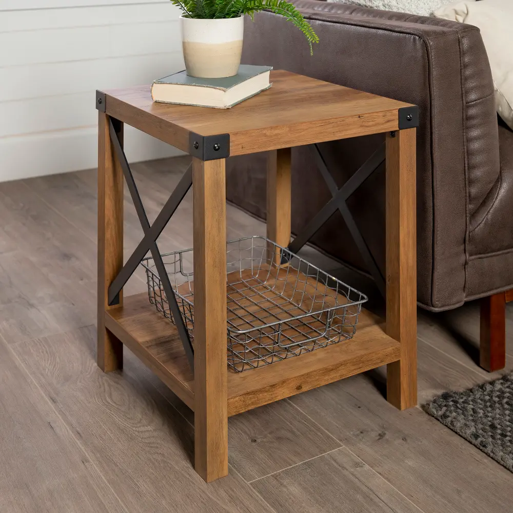 AF18MXSTRO Metal X Rustic Oak Wood Side Table - Walker Edison-1