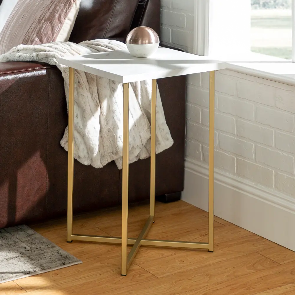 AF16LUXWMG Modern Square Side Table - White Marble Top, Gold Legs-1