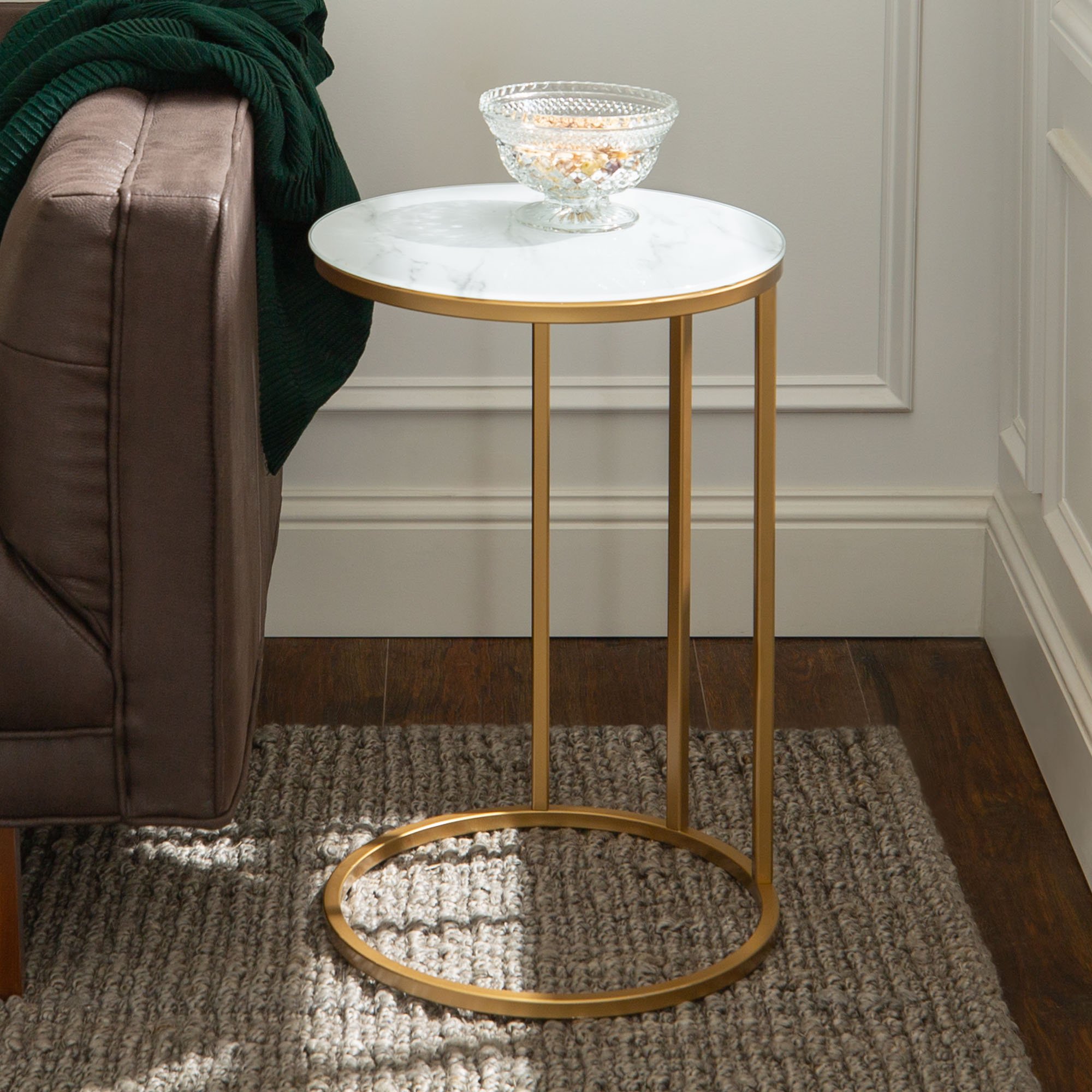 Modern Round End Table - White Marble Top, Gold Base | RC Willey