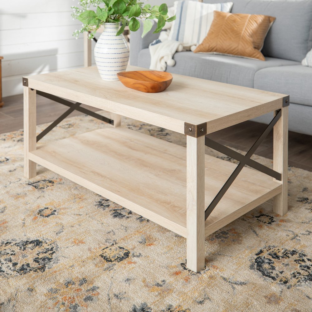 Metal X Rustic White Oak Wood Coffee Table - Walker Edison