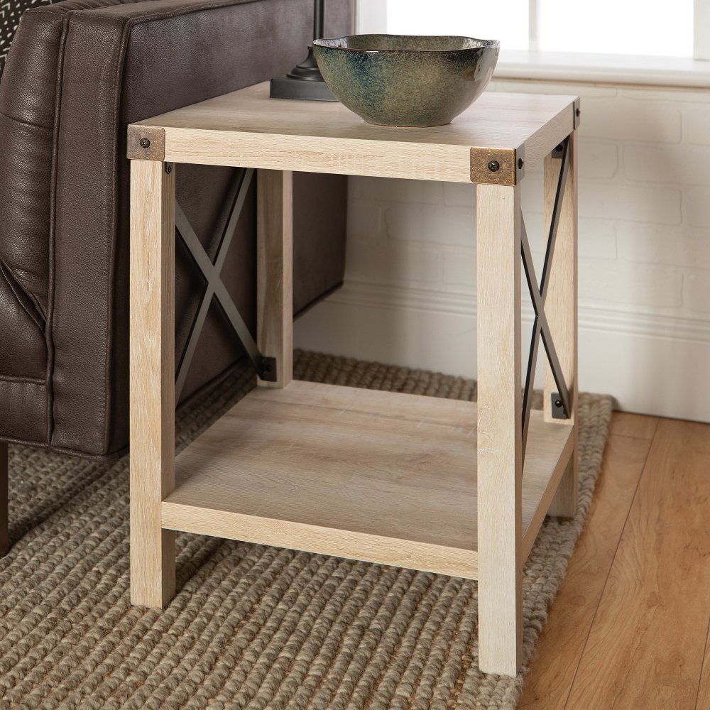 Metal X Rustic White Oak Wood Side Table - Walker Edison