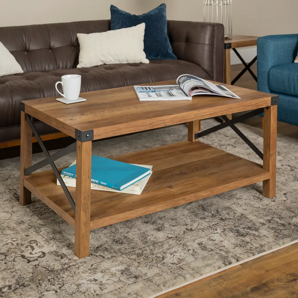 AF40MXCTRO Metal X Rustic Oak Wood Coffee Table - Walker Edison-1