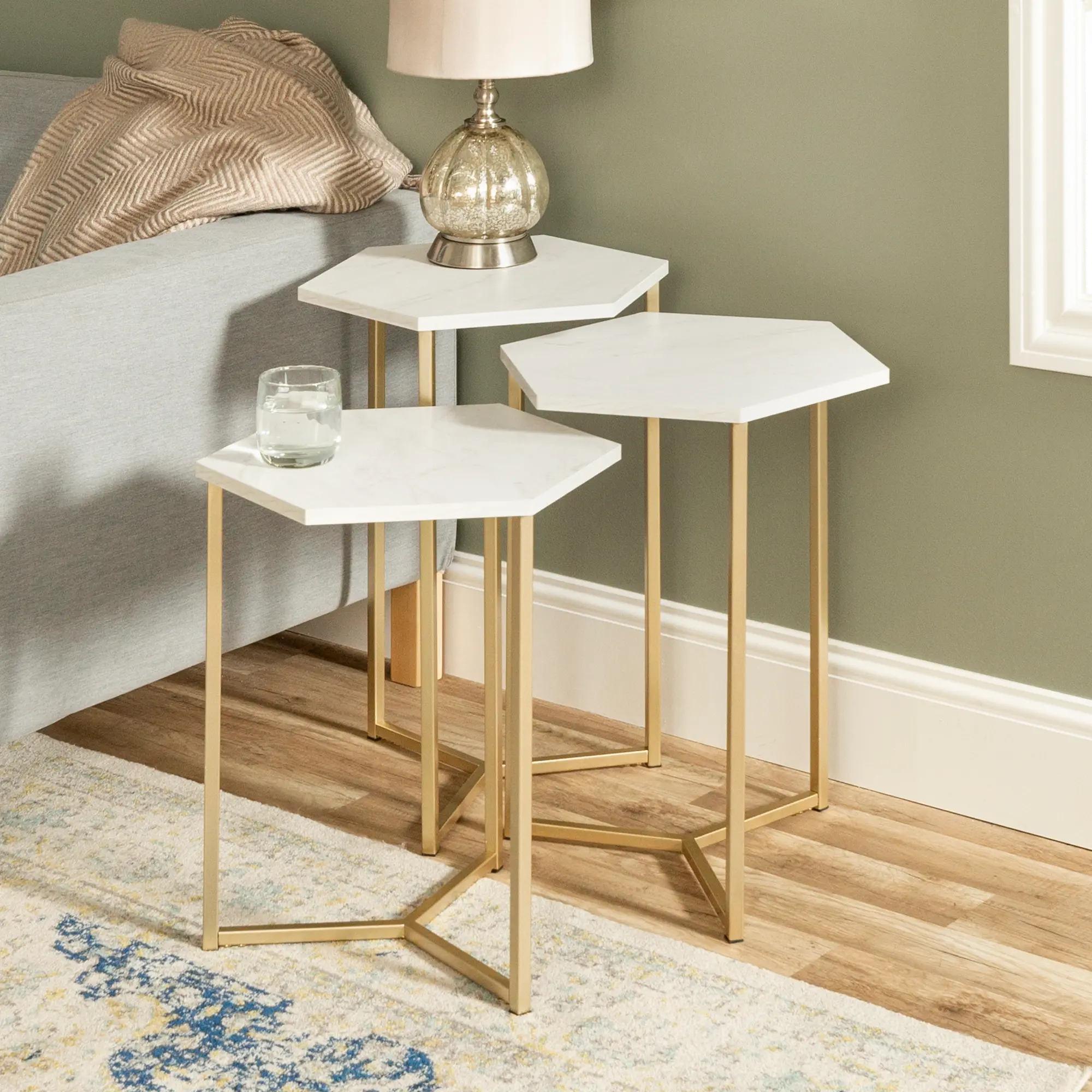 Faux White Marble and Gold Modern Wood Nesting Tables, Set of 3 -...