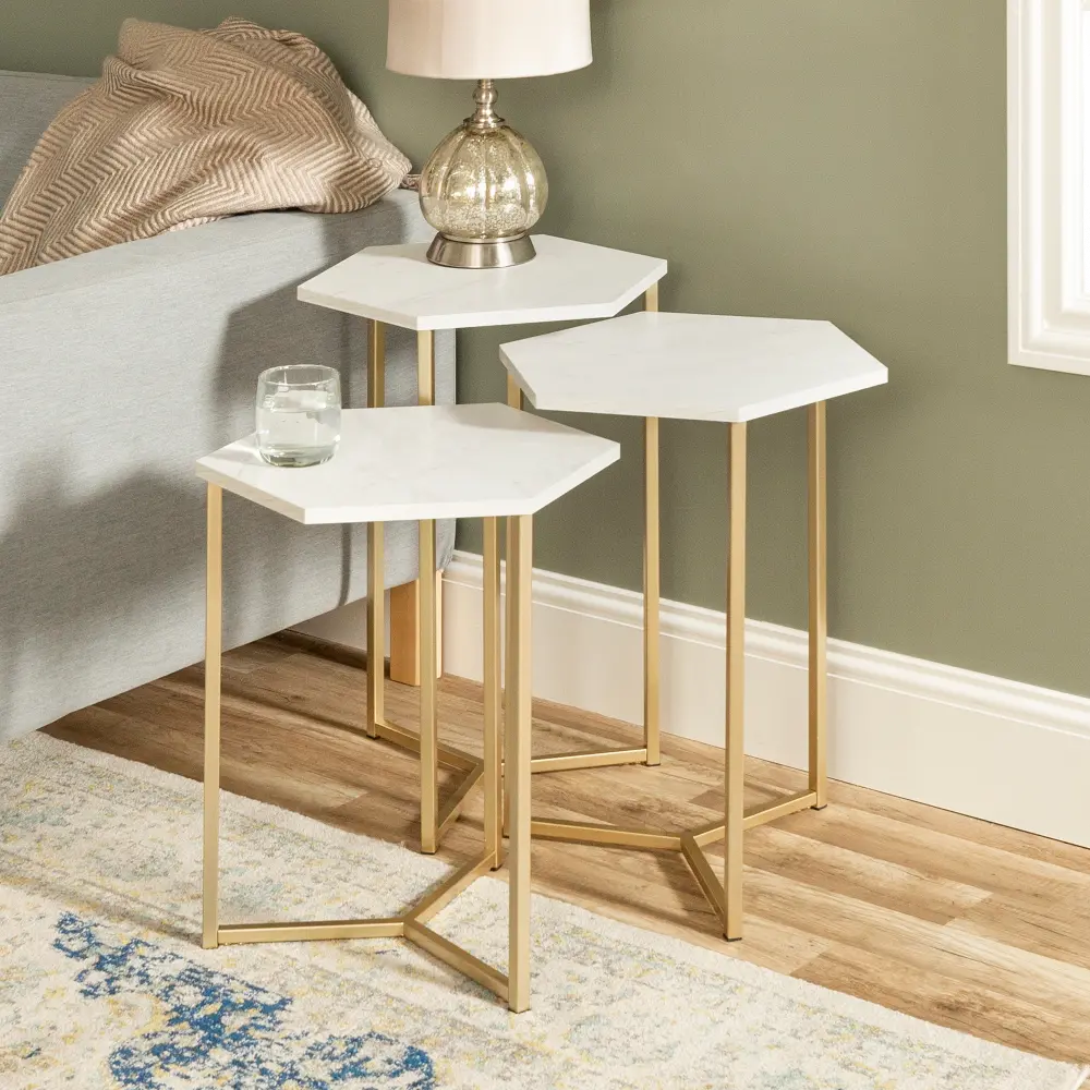 AF16HEX3WM Faux White Marble and Gold Modern Wood Nesting Tables, Set of 3  - Walker Edison-1