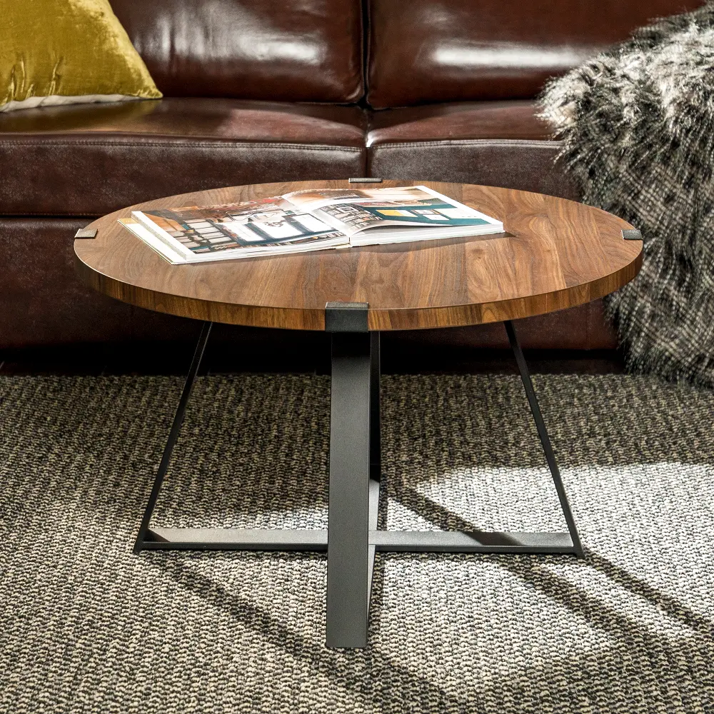 AF30MWCTDW Dark Walnut Rustic Round Coffee Table - Walker Edison-1