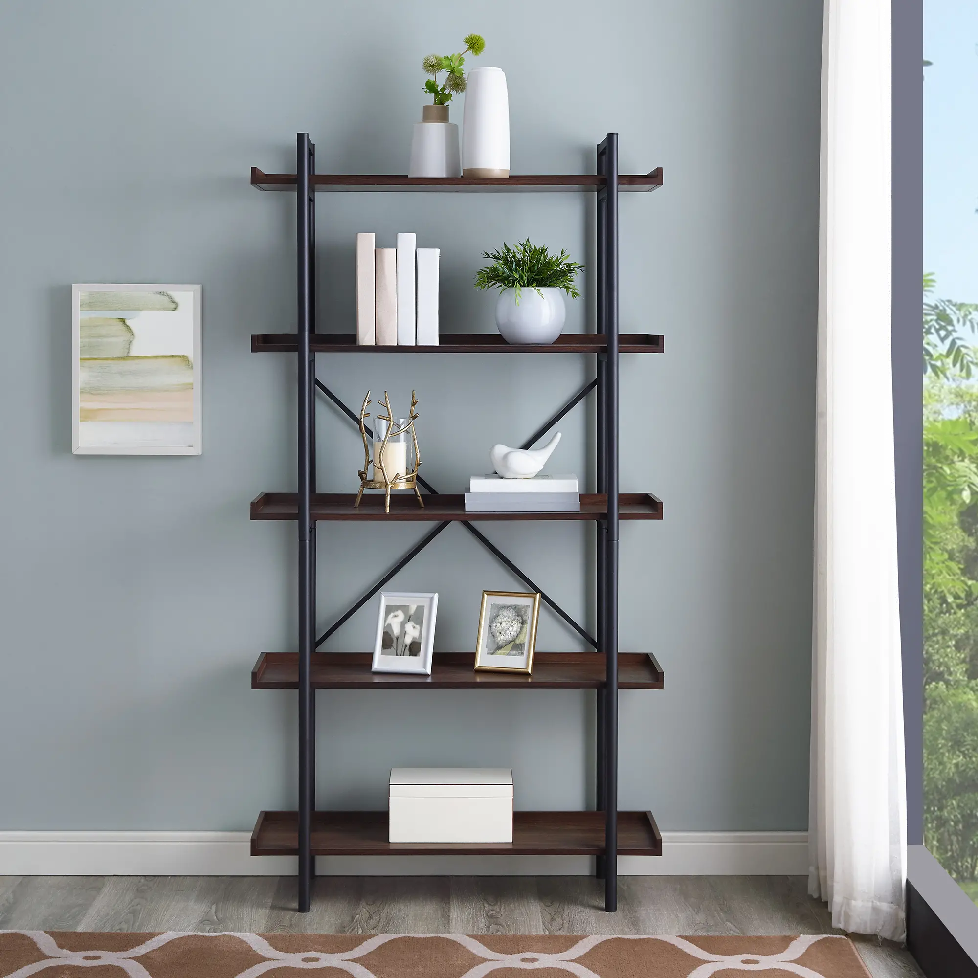 Rustic Industrial 68 Inch Wood Bookcase with 5 Shelves - Walker Edison