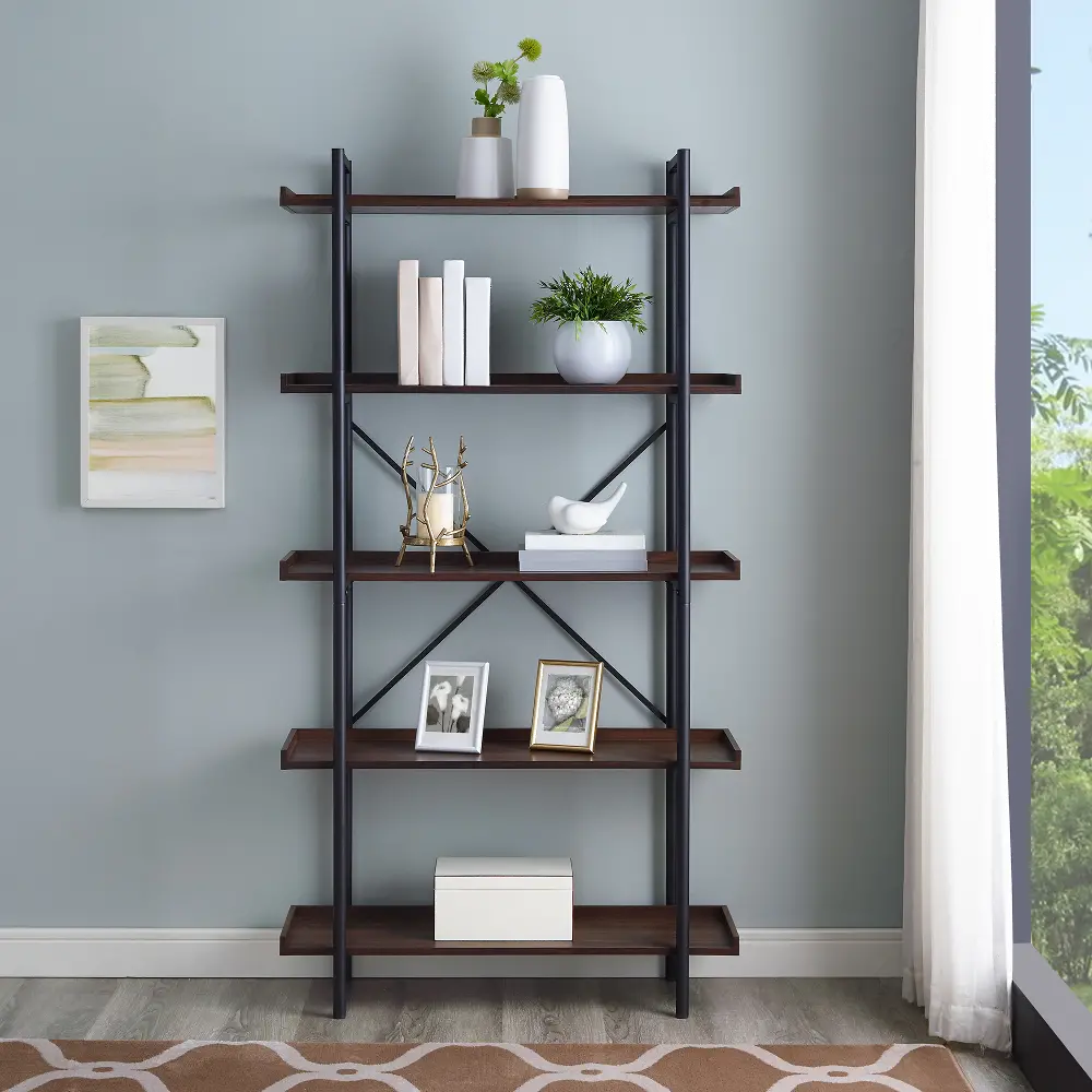 BS68UPDW Rustic Industrial 68 Inch Wood Bookcase with 5  Shelves - Walker Edison-1