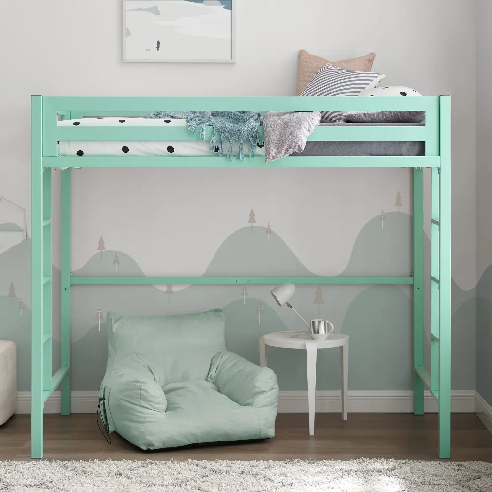 BTSQTOLMT Contemporary Mint Green Premium Deluxe Twin Metal Loft Bed - Walker Edison-1