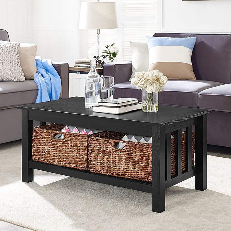 Rustic Wood Coffee Table Black Rc, Black Coffee Table With Wicker Baskets