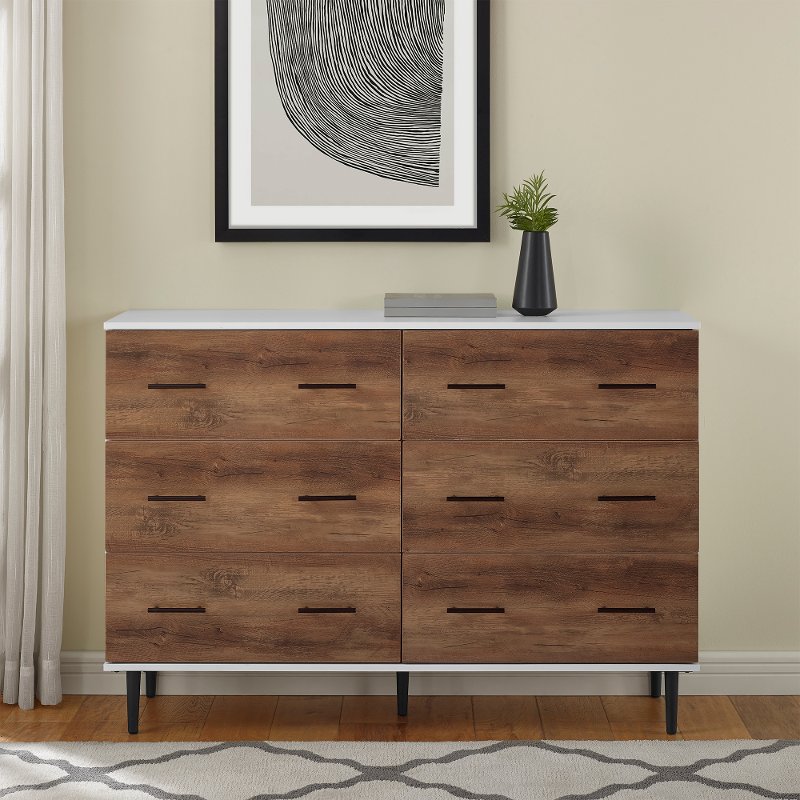 Modern Rustic Wood 6 Drawer Chest, Contemporary White Dresser