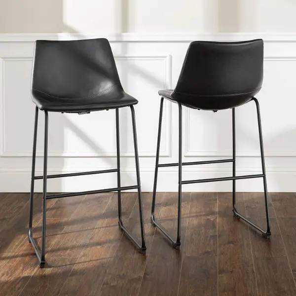Industrial Black Faux Leather Bar, Black Leather Bar Stools Set Of 2
