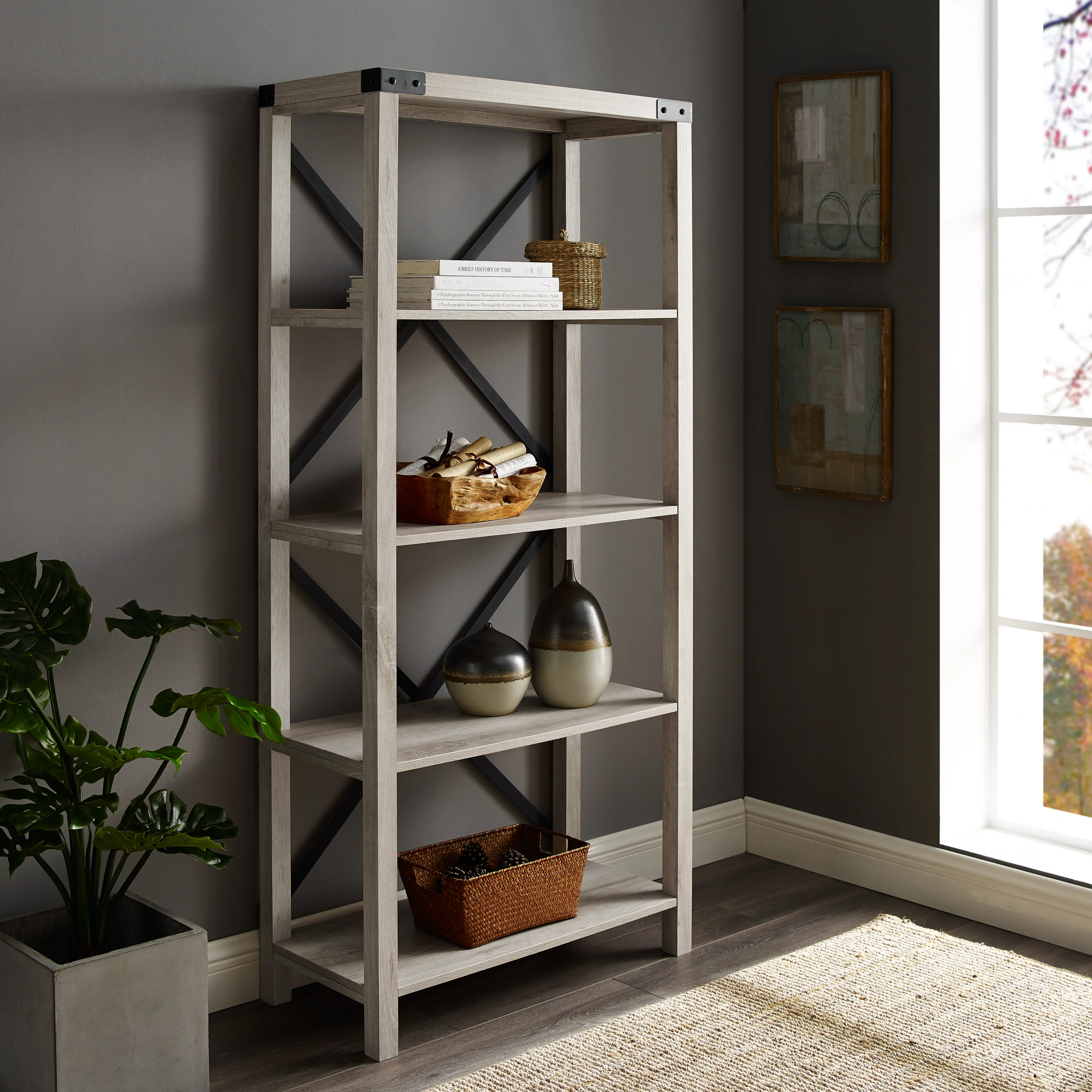 64 Inch Farmhouse Metal Bookcase - Walker Edison