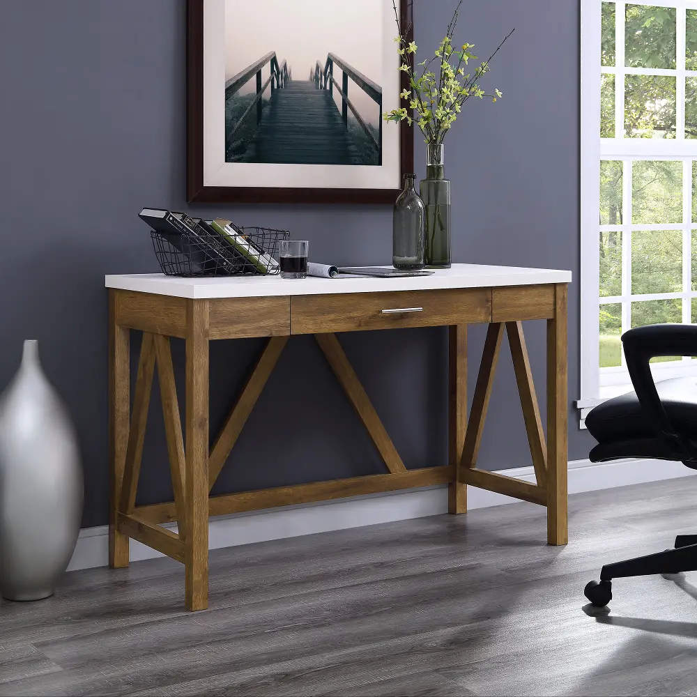 DW46AFWMB 46 Inch Modern Computer Desk - Natural Walnut Base/White Marble Top-1