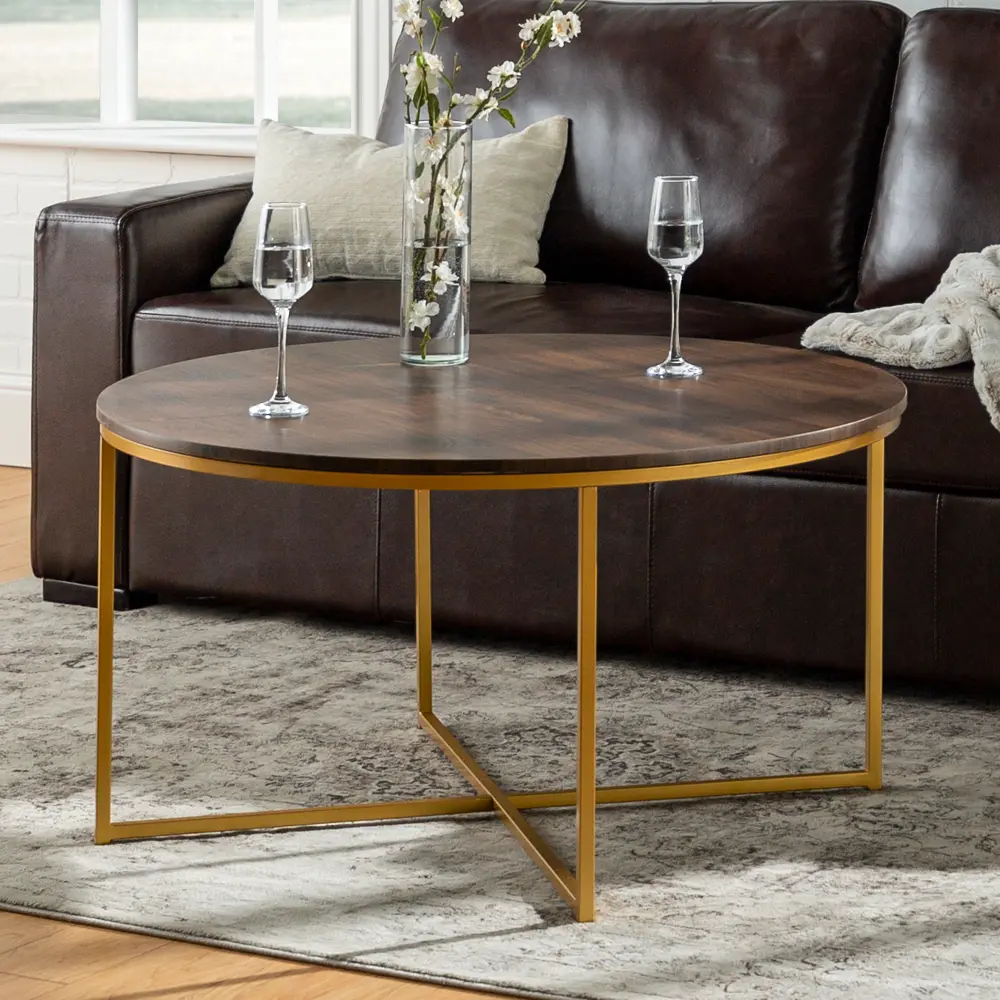 AF36ALCTDWG Mid Century Modern Round Coffee Table - Dark Walnut/Gold-1