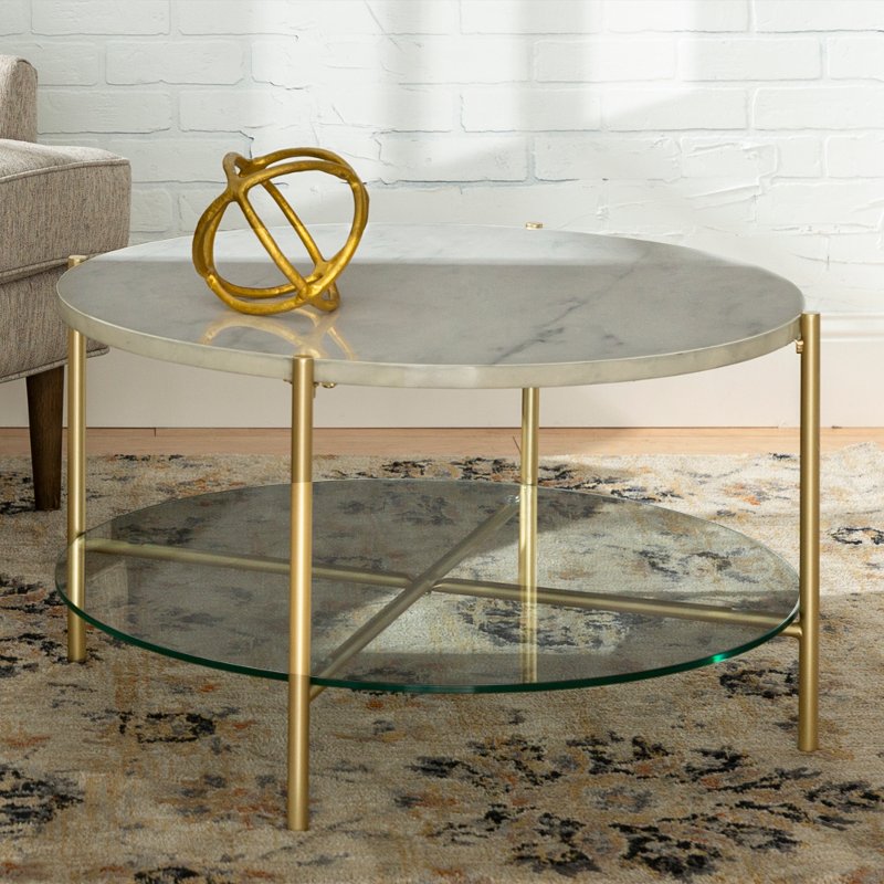 Modern Round Coffee Table White, Gold Coffee Table Glass Top