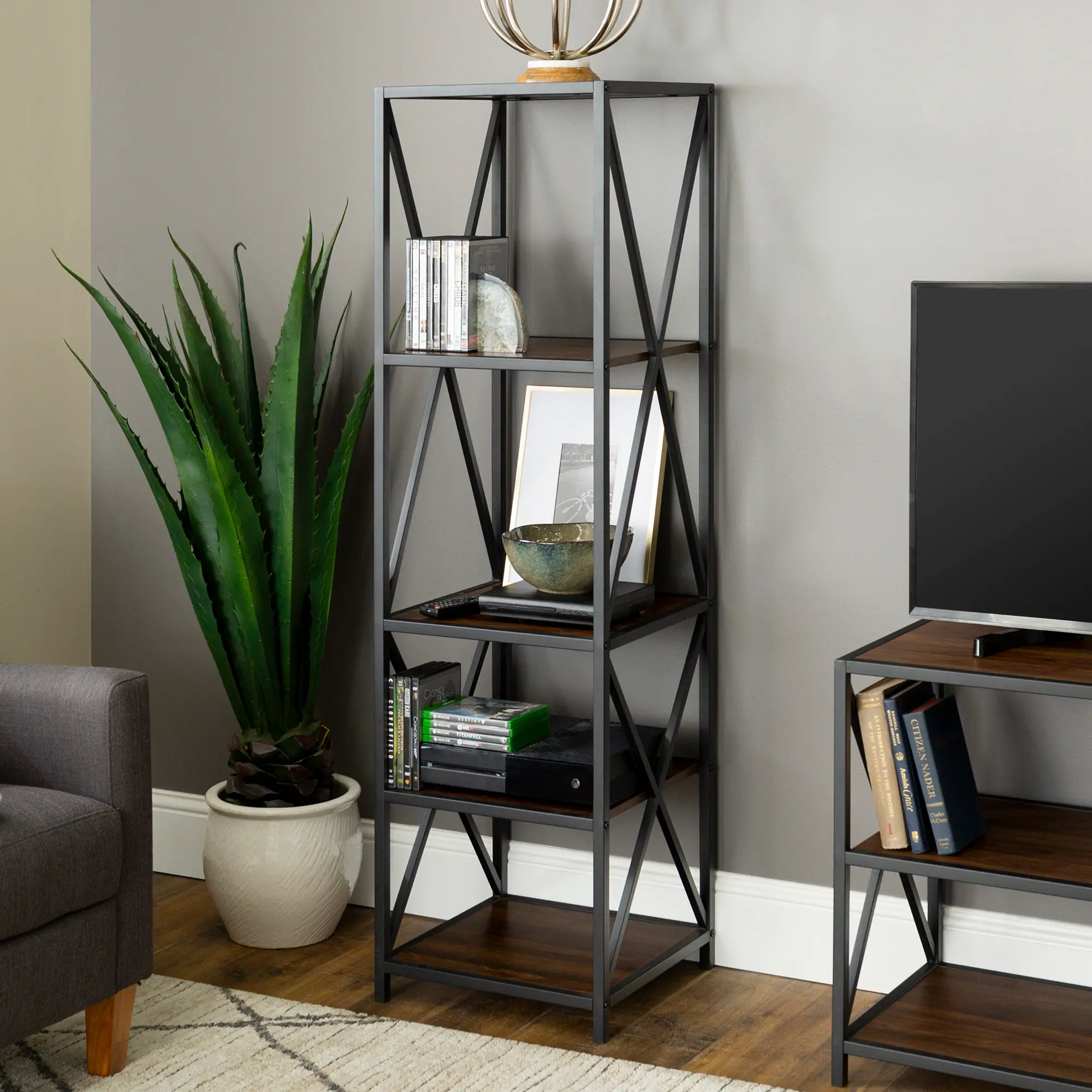 61 Inch Metal Wood Bookcase - Walker Edison