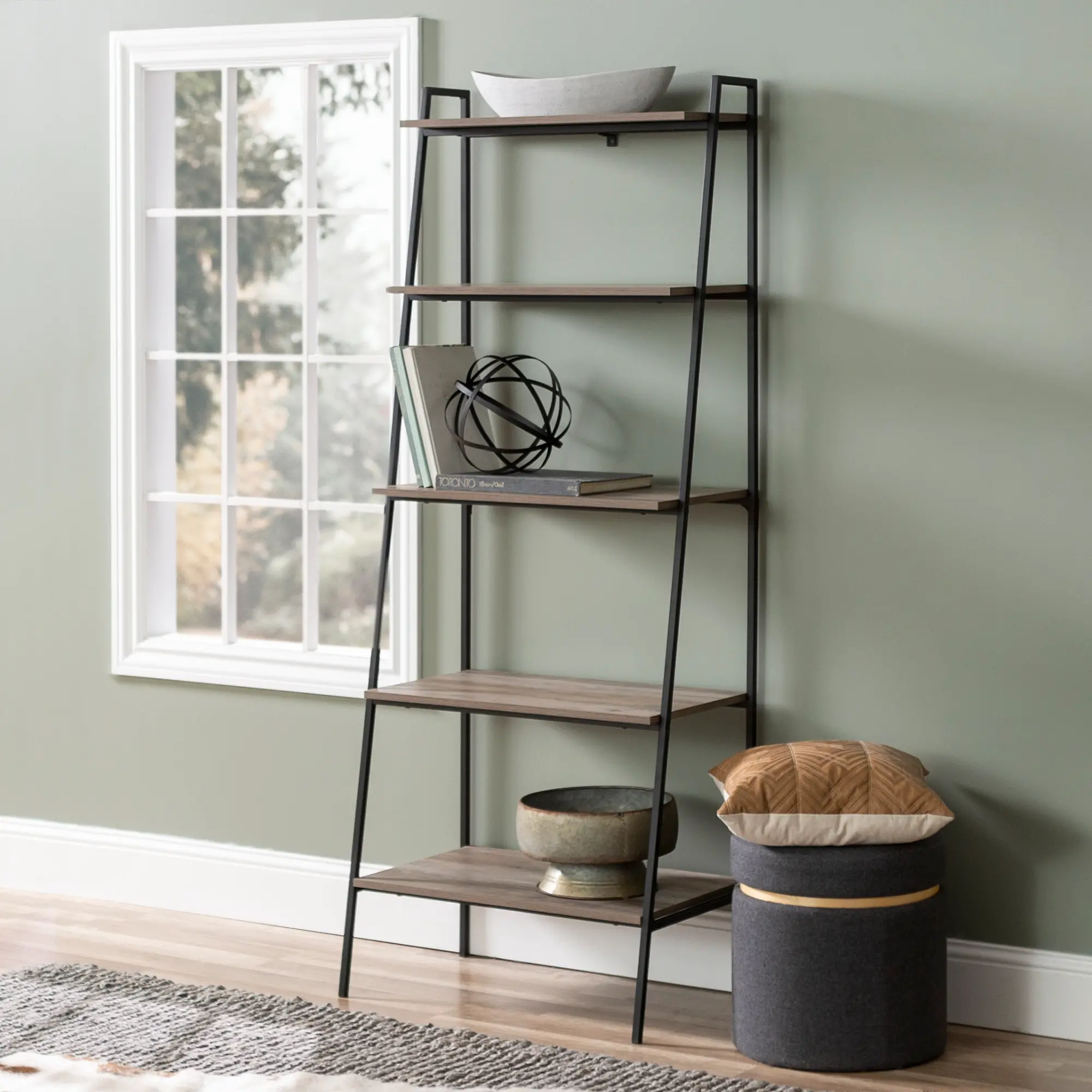 Arlo 72 Inch Gray Wash Industrial Ladder Bookcase - Walker Edison