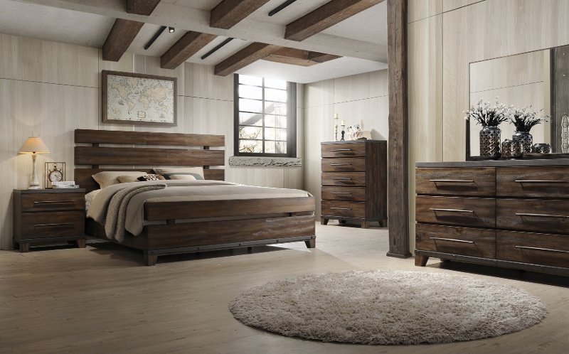 Modern Rustic Brown 4 Piece Queen, Modern Queen Platform Bedroom Sets