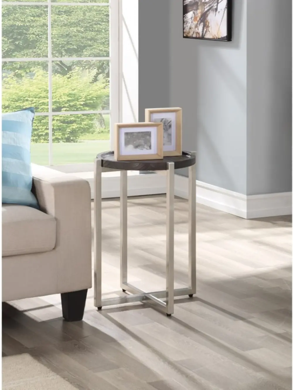Platform Dark Brown Chairside Table with Stainless Steel Base-1
