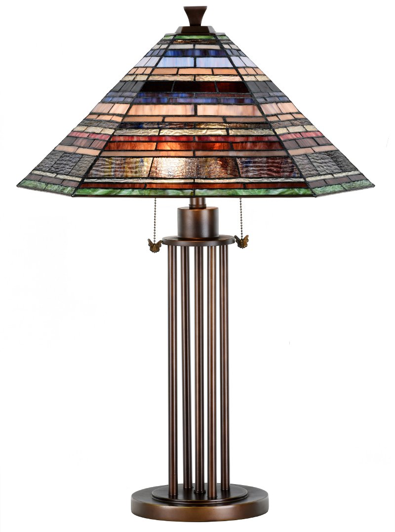 Bronze Table Lamp With Multi, Multi Colored Glass Lamp Shades