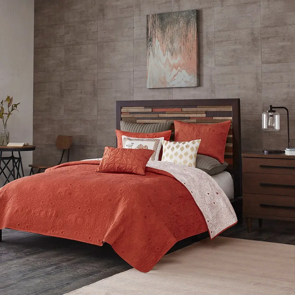 Burnt Orange and Tan Queen Kandula 3 Piece Coverlet Set-1