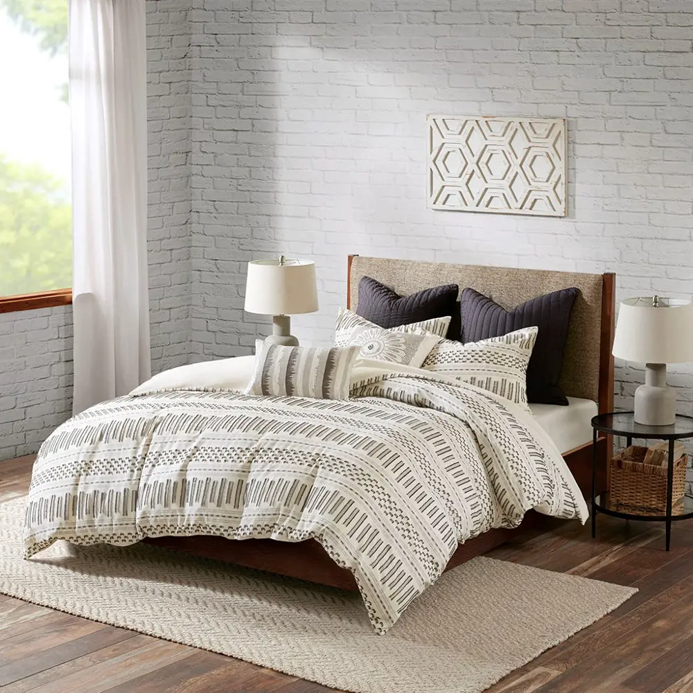 Natural White and Charcoal Queen Rhea 3 Piece Bedding Collection-1