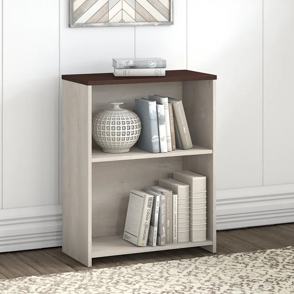 TNB124WM2-03 Townhill Washed Gray and Cherry Top 2 Shelf Bookcase-1