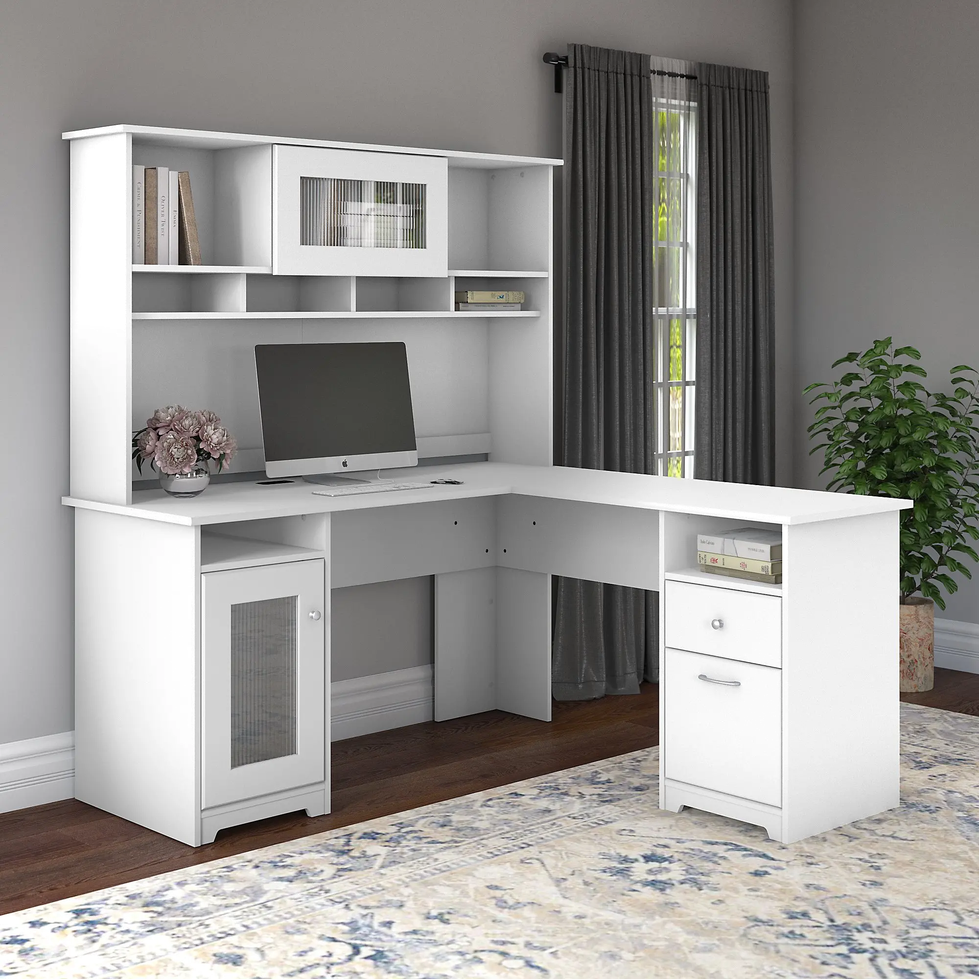 Cabot White L-Shaped Desk with Hutch - Bush Furniture