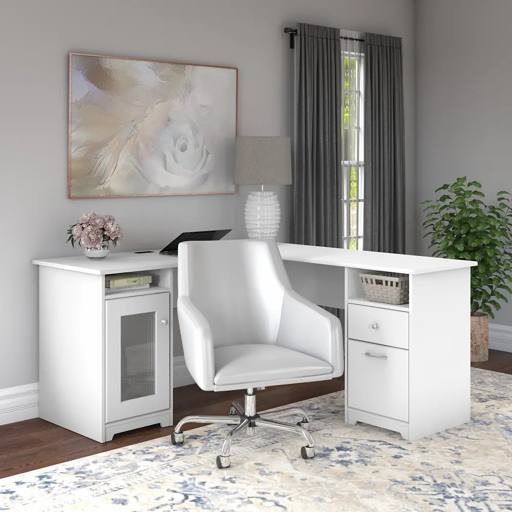 CAB059WHN Cabot White L-Shaped Desk with White Chair Set-1
