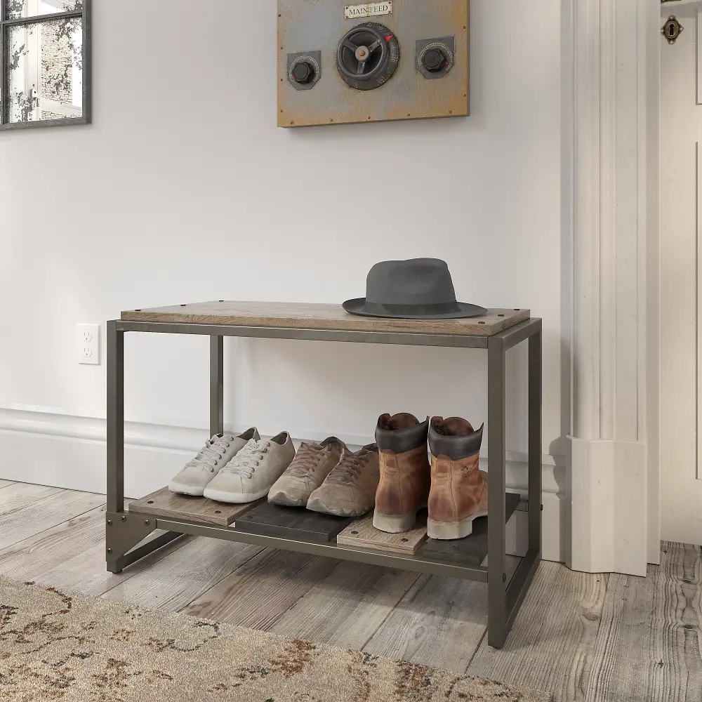 RFS232RG-03 Refinery Distressed Rustic Gray Shoe Storage Bench - Bush Furniture-1