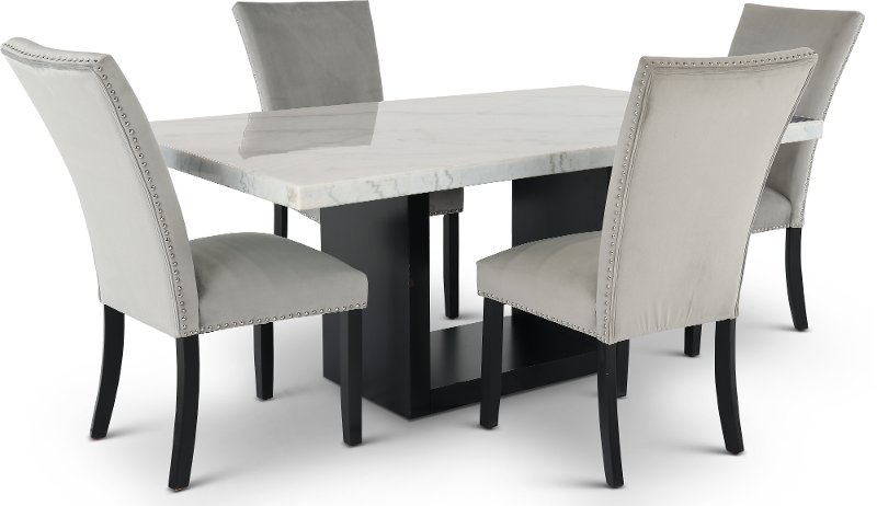 Contemporary Marble 5 Piece Dining Room Set with Gray Velvet Chairs - Valentino