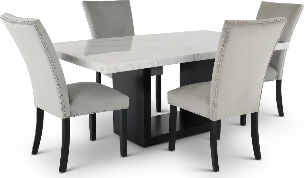 Valentino Marble 5 Piece Dining Set with Gray Velvet Chairs-1