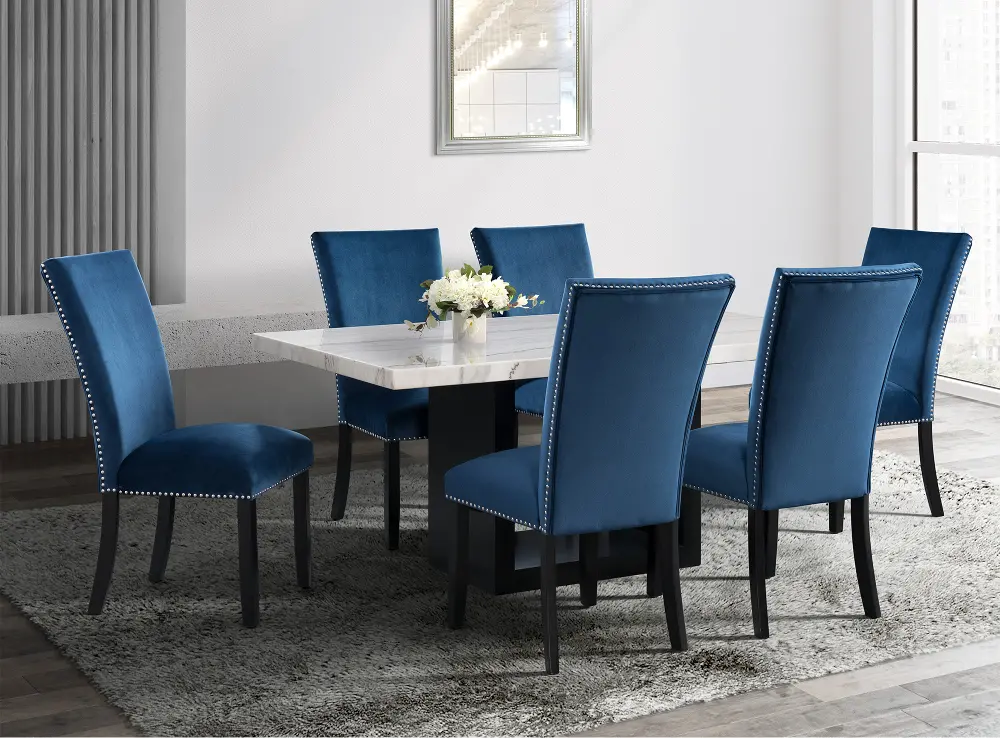 Valentino Marble 5 Piece Dining Set with Blue Velvet Chairs-1