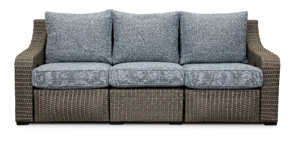 Lemans Brown and Gray Wicker Patio Motion Sofa with Blue Cushions