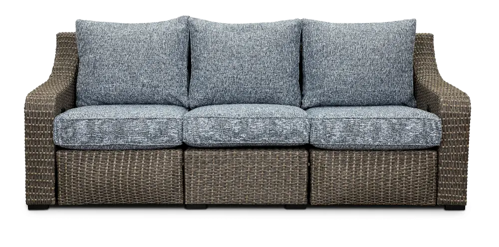 Lemans Brown and Gray Wicker Patio Motion Sofa with Blue Cushions-1