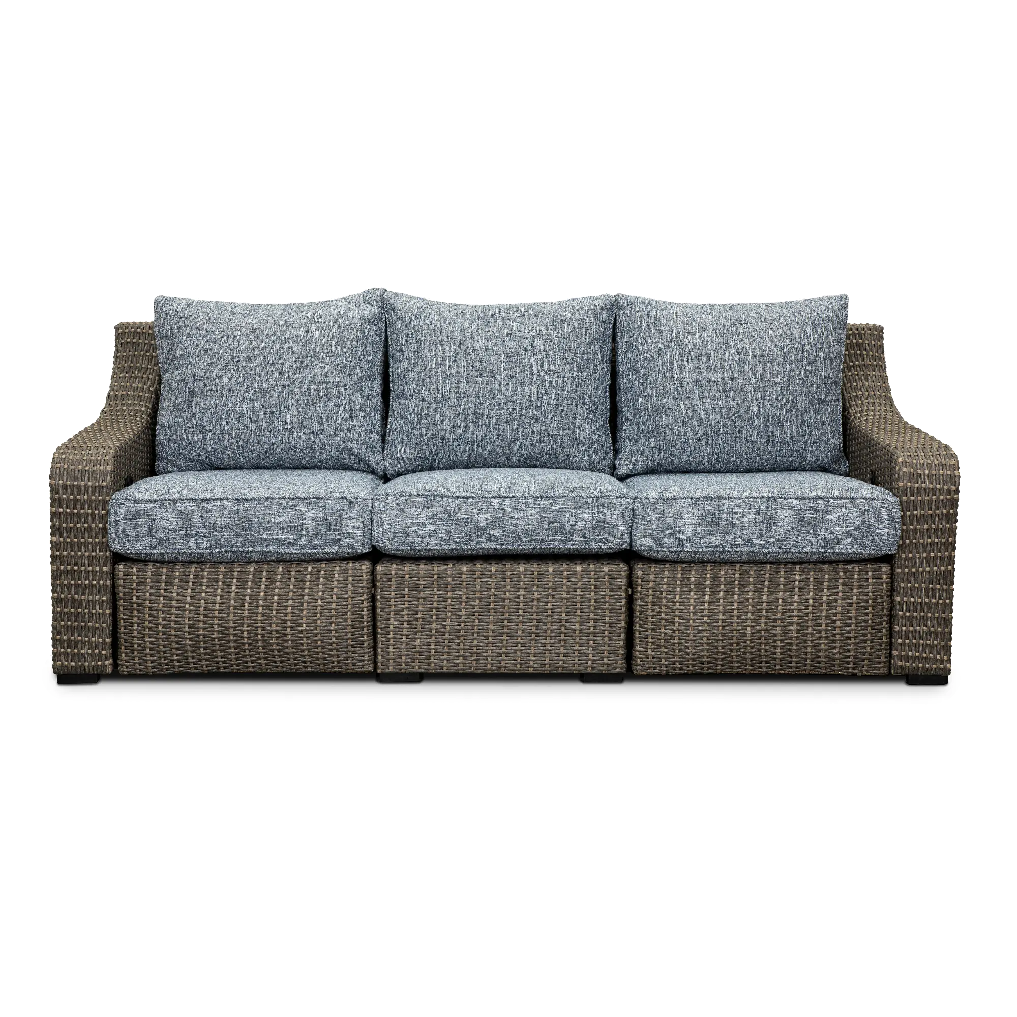 Lemans Gray Wicker Patio Motion Sofa with Blue Cushions-1