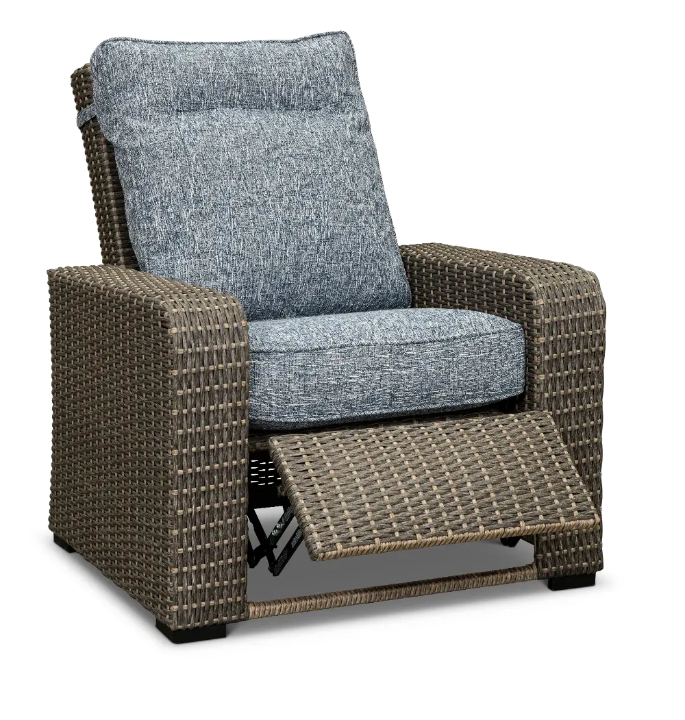 Lemans Gray Wicker Patio Recliner Chair with Blue Cushions-1