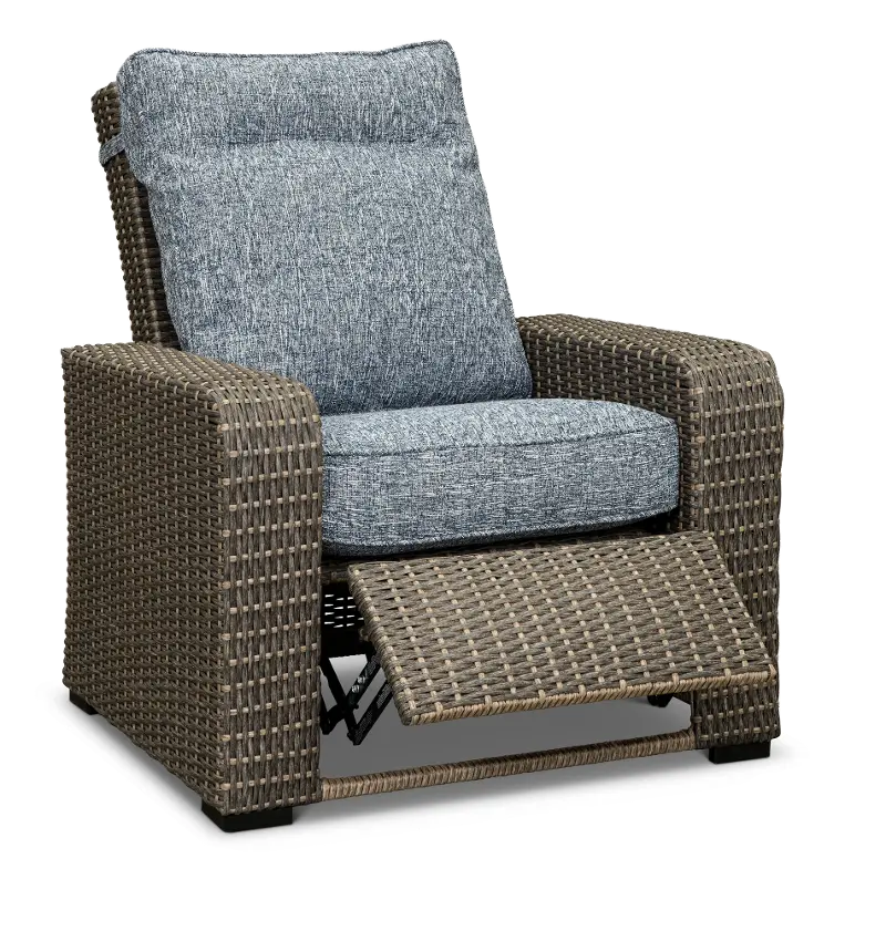 Lemans Gray Wicker Patio Recliner Chair With Blue Cushions Rc Willey - Outdoor Resin Wicker Patio Recliner Chair