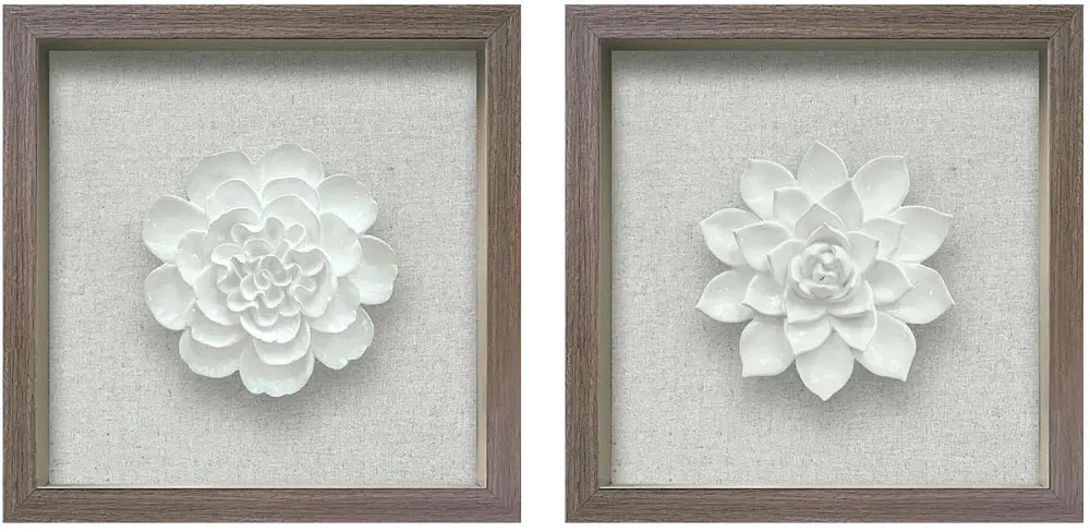 White Ceramic Flower Shadow Box Framed Wall Decor - Set of 2-1