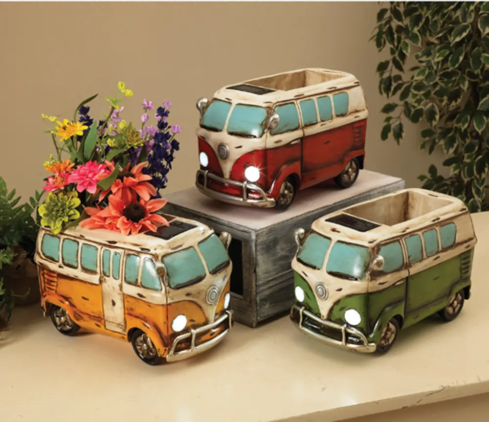 Assorted 11 Inch Solar Lighted Resin Antique Hippie Wagon Planter-1