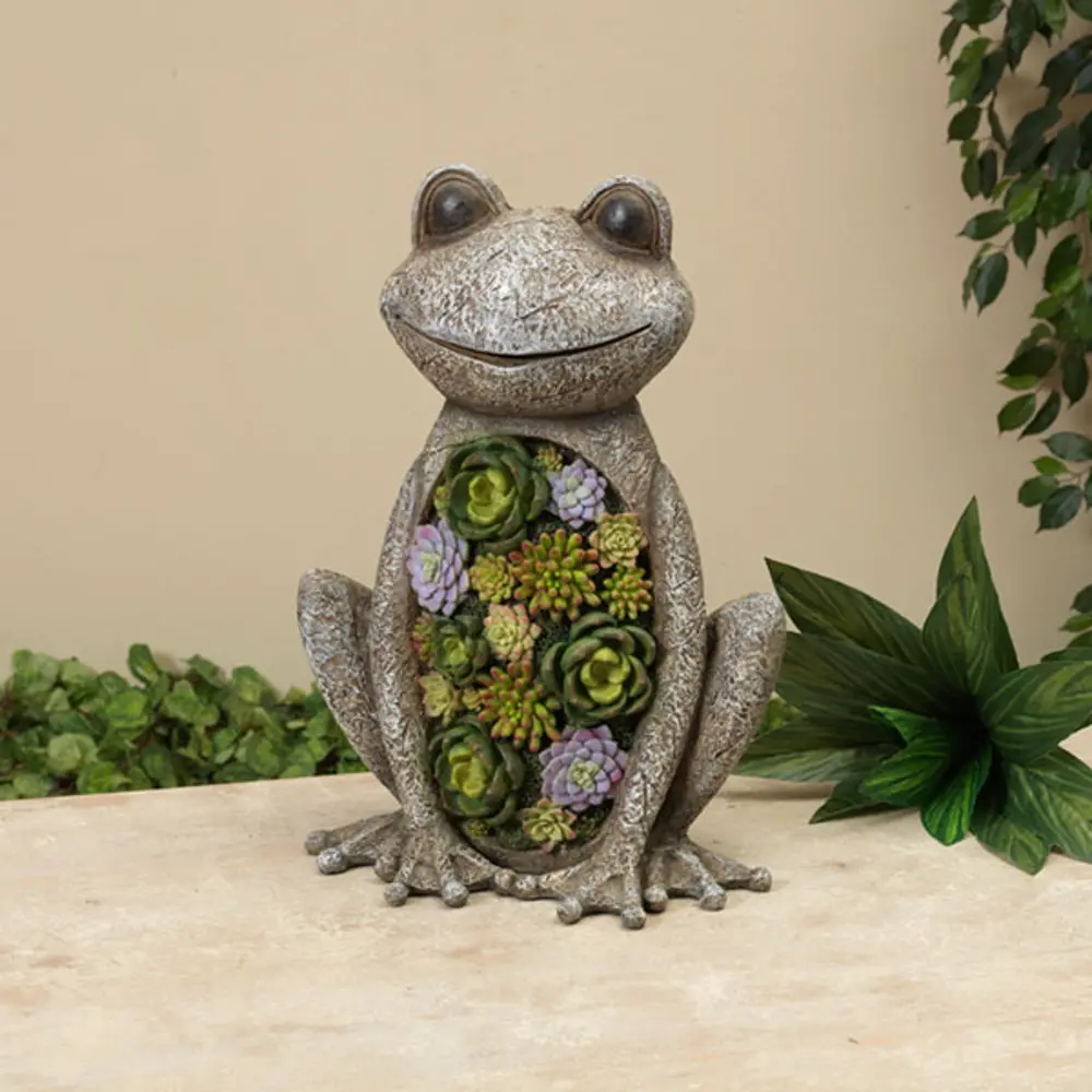 18 Inch Gray Frog Figurine with Faux Succulent Accent-1