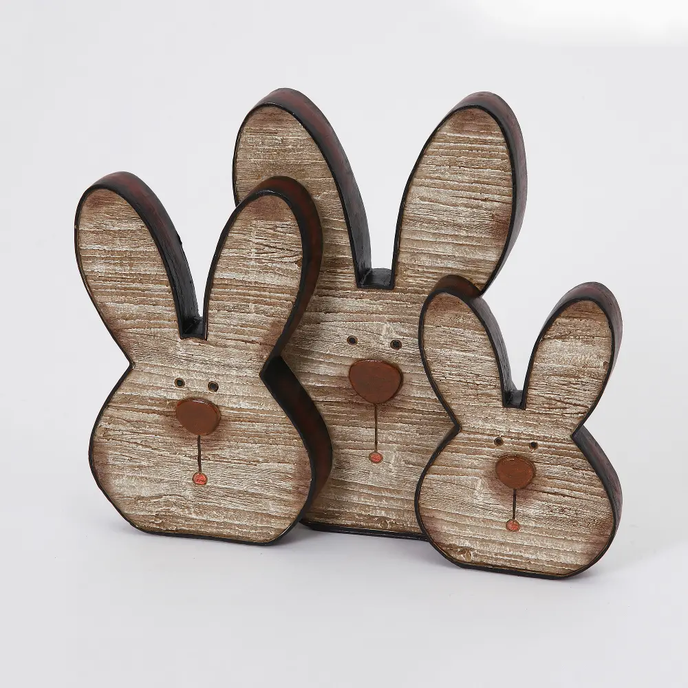 Resin, Wood and Metal Like Bunny Heads Family Figurine-1