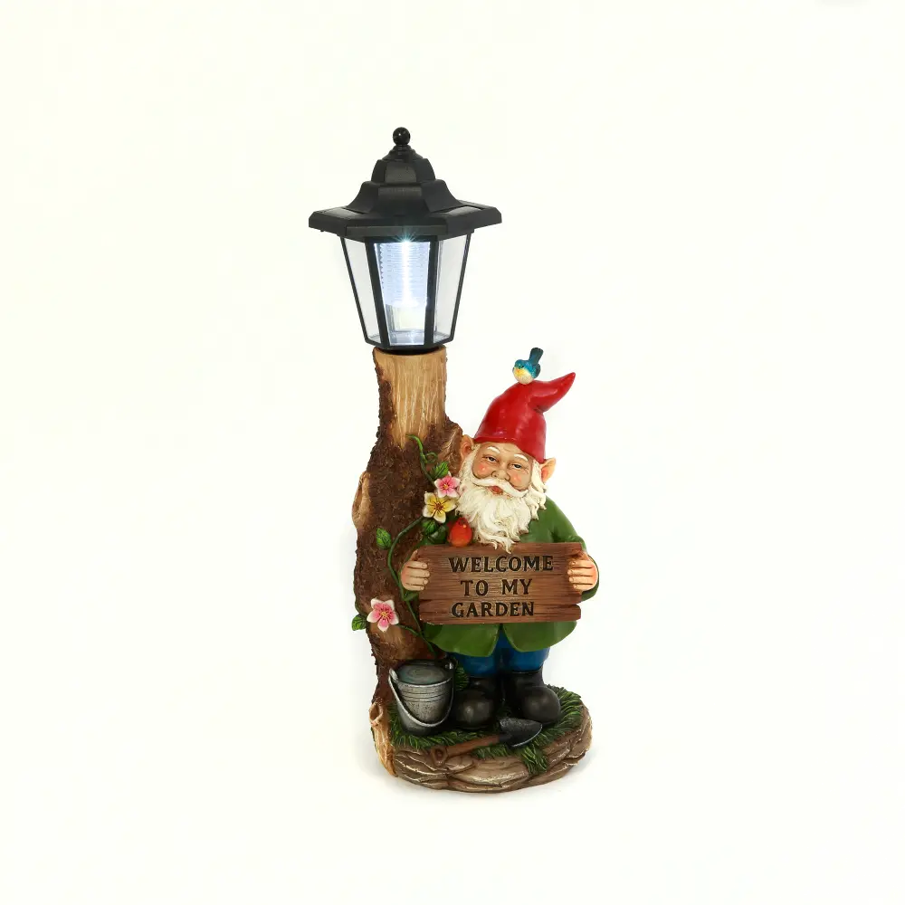 Resin Gnome Figurine with Solar Lighted Lamp and Sign-1